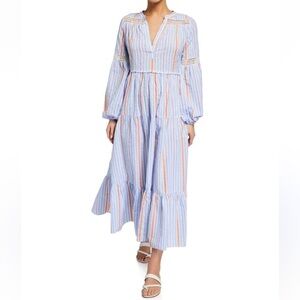 Lemlem Bahiri Blue Striped Long Sleeve Peasant Maxi Dress Size Medium